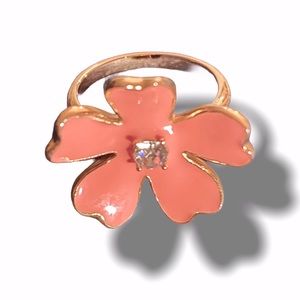 Pink Enamel Flower Gold tone ring Size 7
